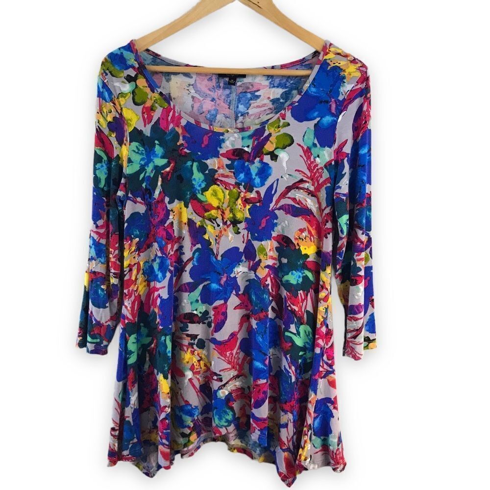 Cupio Womens Watercolor‎ Floral Swing Tunic Top Multicolor 3/4 Sleeve M